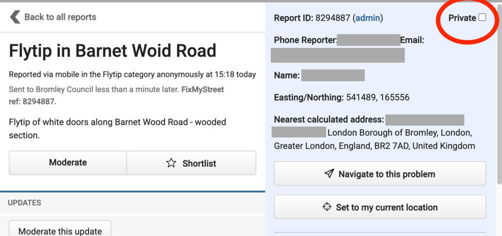 Checking the box marks an existing report as private